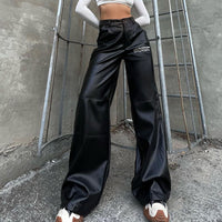 Women's Retro Letter Print Pocket Splicing Casual Leather Pants