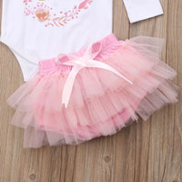 Girls' Letter Long Sleeve Flounced Sleeve Romper Mesh Skirt Outfit