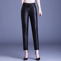 PU Leather High Waist Harem Pants With Small Feet Casual Fashion Elastic