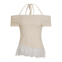 Neck-strap Lace-spliced Hem Off-shoulder Slim-fit T-shirt Top