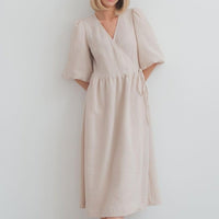V-neck Puff Short Sleeve Lace-up Dress