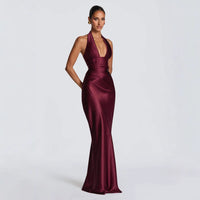 Neck-hanging Deep V-neck Pleated Lace-up Sexy Off-shoulder Slim-fit Long Dress
