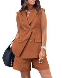 Women Fashion Solid Color Double-Breasted Blazer Sleeveless Two-piece Set