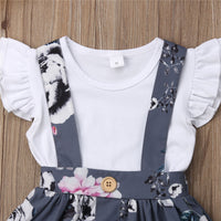 Summer Girls' Solid Color Flounced Sleeve Romper Floral Suspender Skirt Two-piece Set