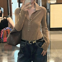 Khaki Polo-neck Fitted Womens Knit Top