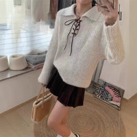 Loose Top Vintage Lace-up Polo Collar Women's Sweater
