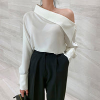 Womens Solid-Color Off-the-Shoulder Button-Down Korean-Style Fashion Shirt