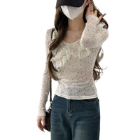 Slim-fit Polka-dot Lace All-match Long-sleeve Shirt