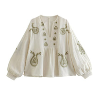 Womens Loose-fitting Cotton Embroidered Blouse