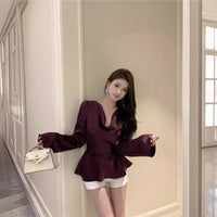Women's Spring Flared Puff Sleeve Swing Collar Shirt
