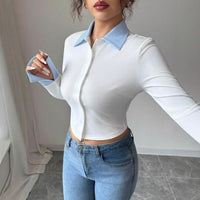 Women's Slimming Lapel Long Sleeve Fake Two-Piece Shirt
