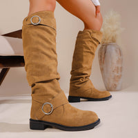 Pleated Flat-bottom Western Cowboy Boots For Women With Belt Buckle