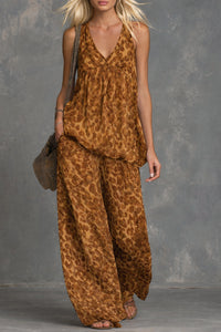 Womens Loose-Fitting Leopard-Print Sleeveless Top And Chiffon Pants Set