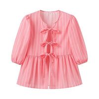 Vertical Striped Bow Lace-up Shirt Loose Round Neck Half Sleeve Shirt