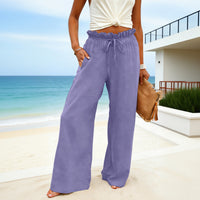 Solid-color Drawstring-pocket Womens Casual Wide-leg Pants