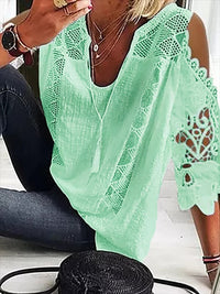 Women's U-Neck Embroidered Cotton Hollow-Out Tassel Top T-Shirt