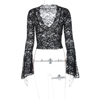 Sexy Deep V Slim Fit Midriff-baring Lace Long-sleeved Lace Top