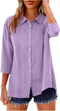 Women's Casual Top Three-Quarter Sleeve Lapel Collar Loose-Fit Button-Up Shirt