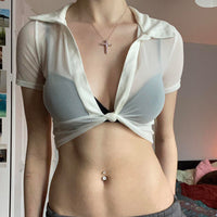 Chiffon See-through Light Lapel Deep V Twisted Super Short Navel Personality Hot Girl Pullover Shirt For Women