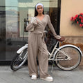 V-neck Knitted Ribbed Lace-up Long-sleeve Pants Two-piece Set