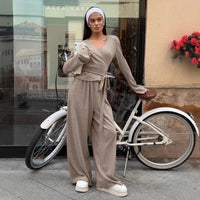V-neck Knitted Ribbed Lace-up Long-sleeve Pants Two-piece Set