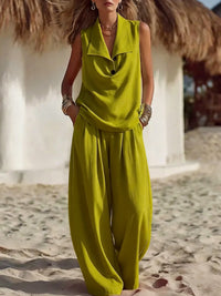 Solid-color Women's Flowing Collar Two-piece Set