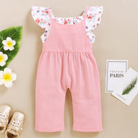 Girls' Floral Sleeveless Top Solid Color Suspenders Two-piece Suit