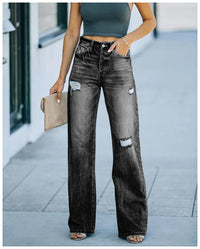 Mid-waist Women's Washed Denim Trousers With Holes
