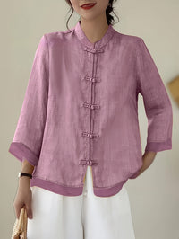 Chinese-style Patchwork Button-Placket Cropped-Sleeve Loose-fit Retro Chinese-style Shirt