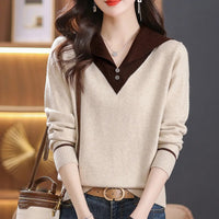 Womens Versatile Navy-Neck Pullover Knit Top