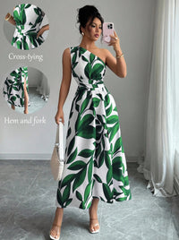 Womens Printed Off-the-Shoulder Slit Dress