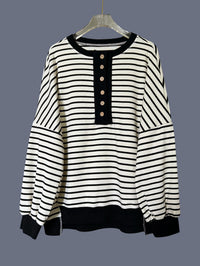 Women's V-neck Contrast-color Striped Loose-fit Long-sleeve