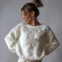 3D Digital-Print Womens Crew-Neck Loose Retro Jacquard Pullover Sweater