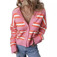 Striped Color Stitching Knitted Cardigan Women's Clothing