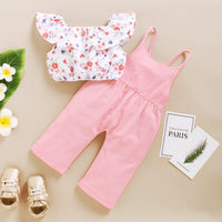 Girls' Floral Sleeveless Top Solid Color Suspenders Two-piece Suit