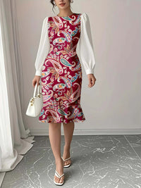 Color-block Lantern-sleeve Waist-cinched Elegant Mermaid Dress