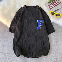 Ice Silk Short Sleeve Men's Towel Embroidery Couple Pleated Striped T-shirt