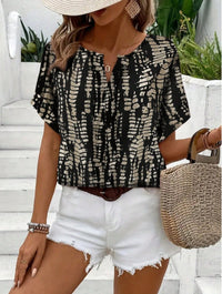Women's V-Neck Loose Fit Printed Short Sleeve Shirt - Casual European American Style Top