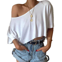 Casual Womens Off-Shoulder Midriff-Baring Sexy Short T-Shirt Top