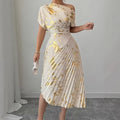 Women's Asymmetric Shoulder Gold Foil Pleated Dress