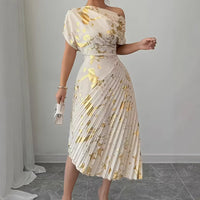 Women's Asymmetric Shoulder Gold Foil Pleated Dress