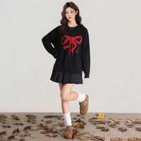 Women's Contrast Bow Round Neck Knitted Thick Long Sleeve Sweater