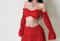 Spring Off Shoulder Long Sleeve Top And Midi Skirt Two Piece Set