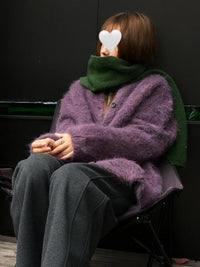 Purple Lazy High-end Mohair Cardigan Women's Autumn Winter Loose