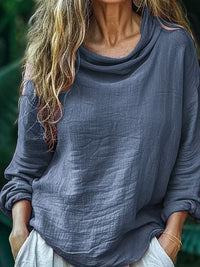 Spring Women's Casual Loose Fashion Long Sleeved Solid Color Pile Collar Pullover Pleated Top