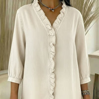 Womens Casual Denim-Style V-Neck Ruffle-Trim Shirt