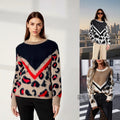 Women's Plush Printed Knitted Pullover With Round Neck And Leopard Print
