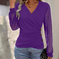 Womens Solid-Color Patchwork Lace Loose Cross-Over T-Shirt Top