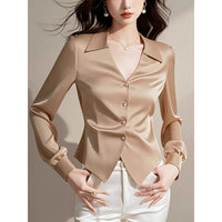 V-neck Long Sleeve Waist Trimming Shirt Women