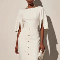 Summer Solid-Color Crew-Neck Defined-Waist Dress With Slit And Buttons